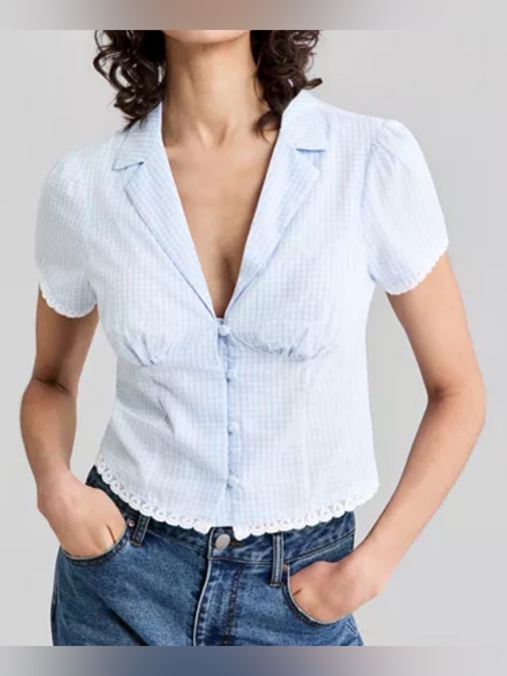 And Now This Gingham Lace-Trim Fitted Cotton Shirt Large Petite NWT